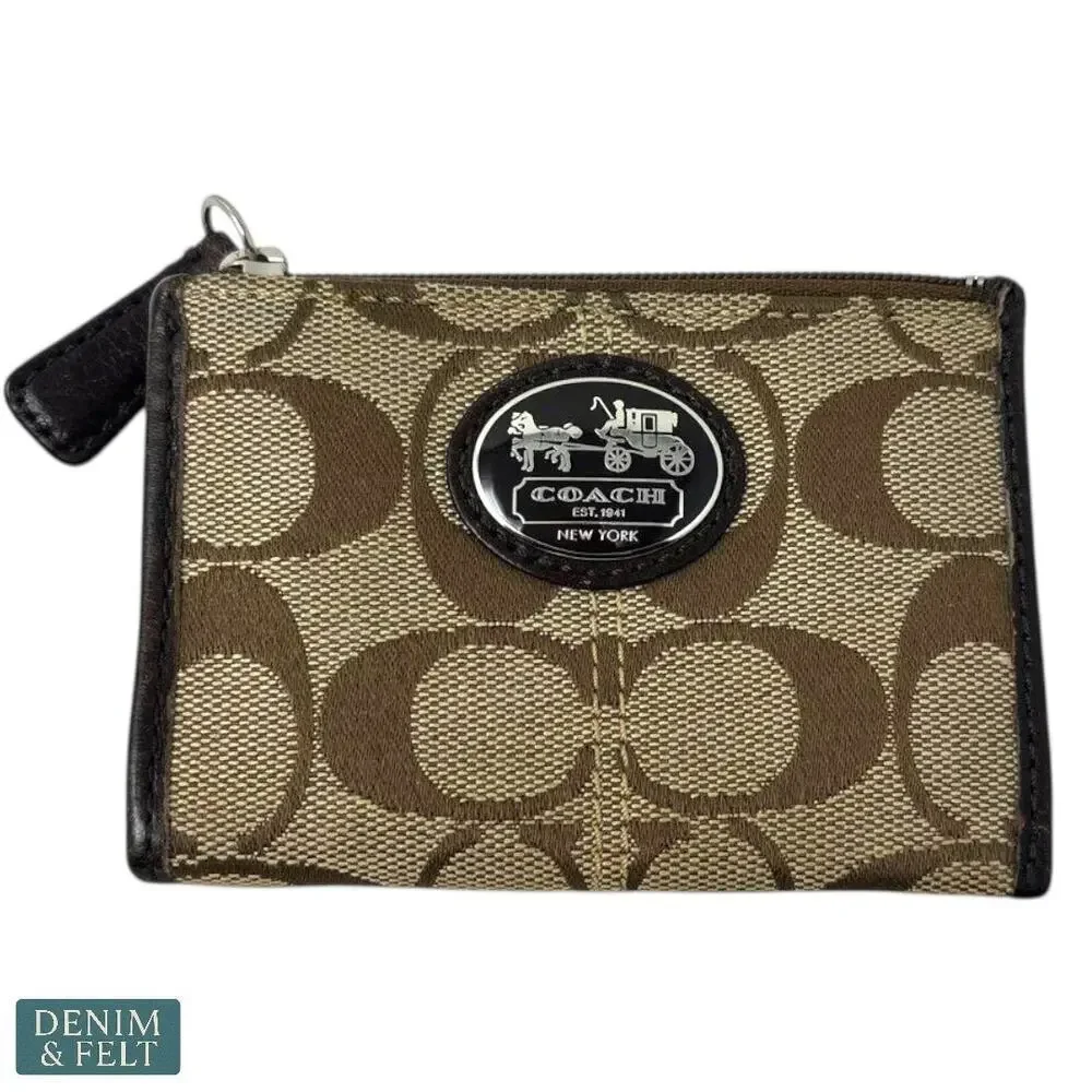 Coach‎ Signature Canvas Zip Coin Pouch with Pink Lining & Key Ring Chain